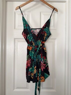 Amazon S Black Tropical Floral Romper with Green, Pink, Orange Accents